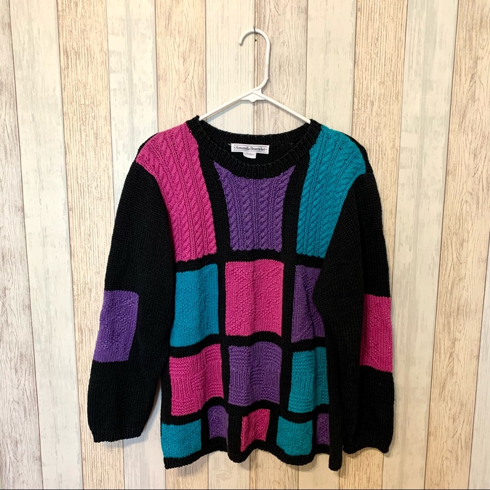 Vintage Colorblock Sweater - Black, Purple, Teal, Pink